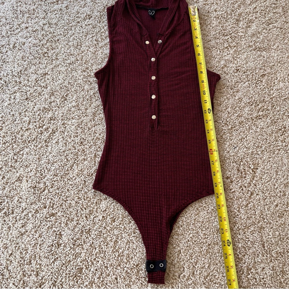 Windsor Vintage Y2K Henley Bodysuit Small Hooded Grunge Indie 90s Burgundy - Picture 9 of 10